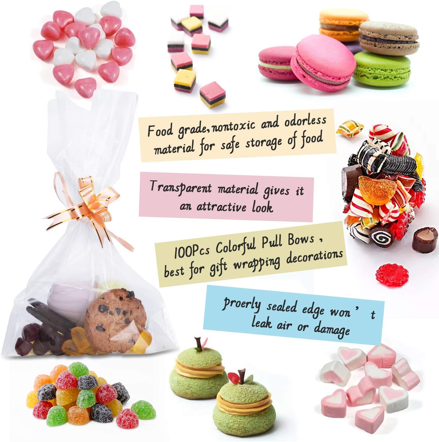 Thumbnail 3 de AUERVO 100 clear cellophane treat bags (6" x 10") with colourful pull bows