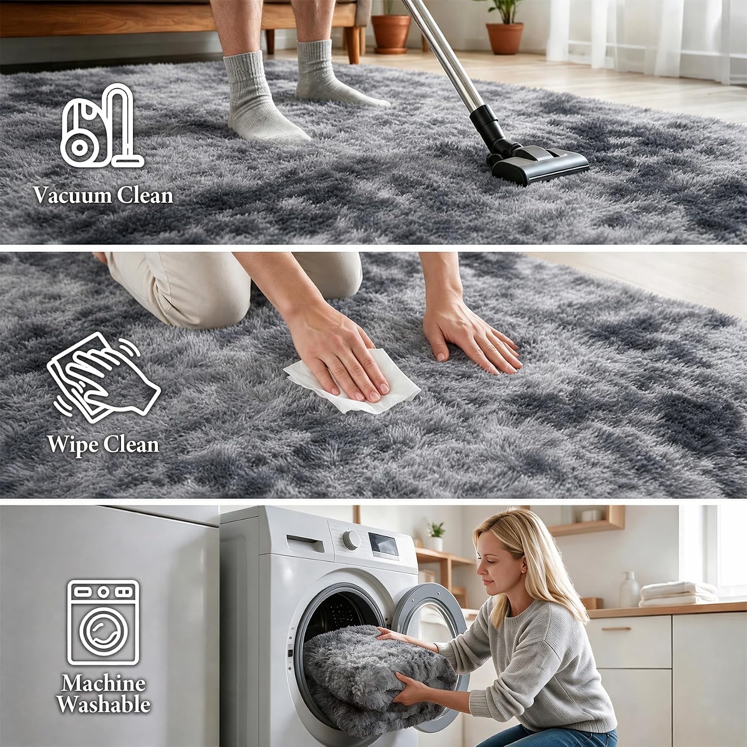 Detalle 2 de Huiuhjirug 5' x 7' Shag Area Rug, Tie-Dye Grey, 35mm High Pile