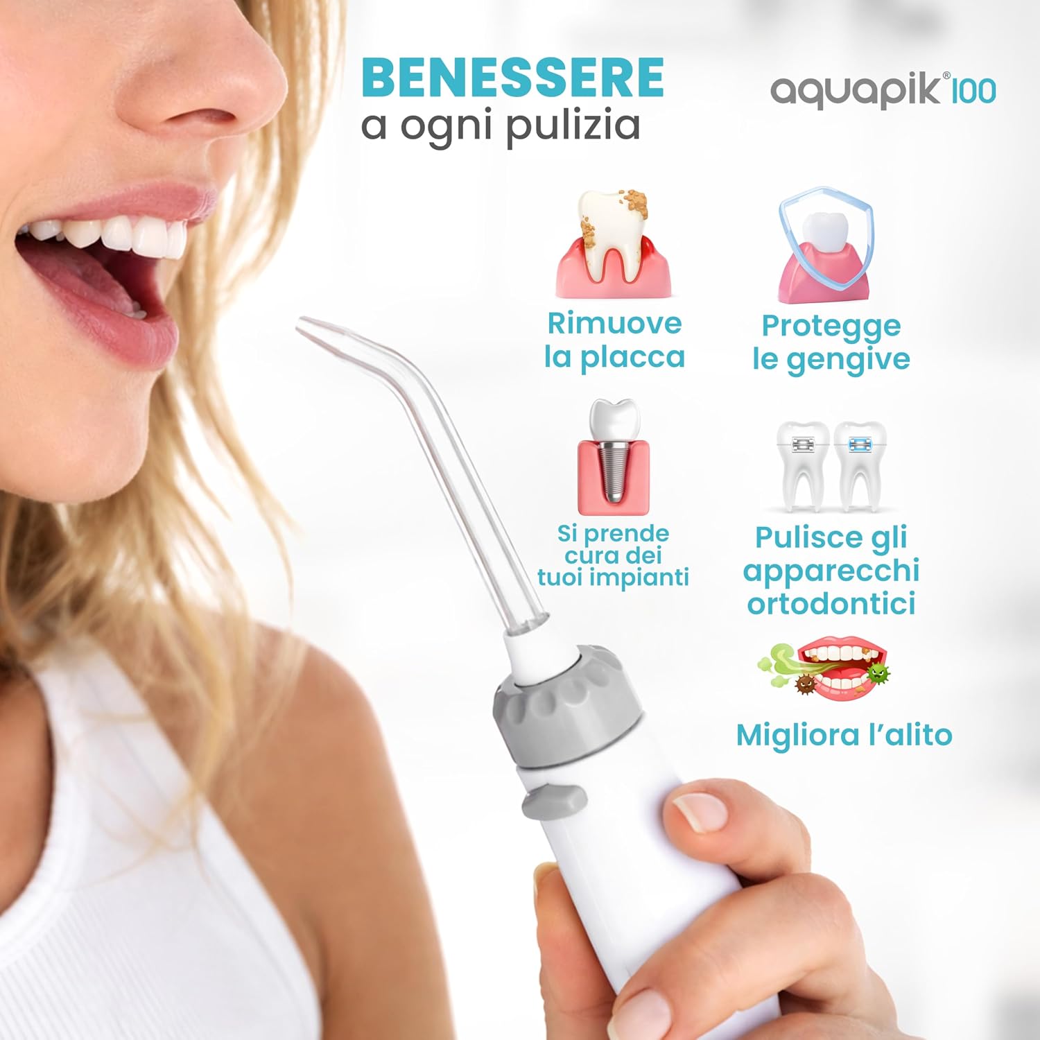 Detalle 2 de Aquapik 100 Idropulsore Dentale Professionale – 8 ugelli e serbatoio 600 ml per una pulizia interdentale accurata