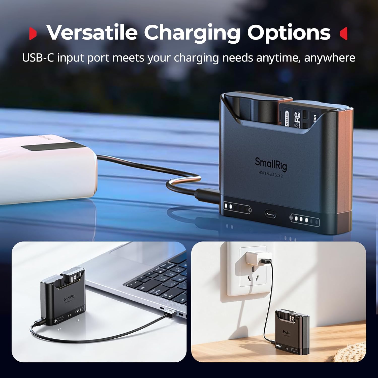 Detalle de SmallRig Caricabatterie EN-EL15c per Nikon – doppio slot, USB-C 22,5 W e display LED
