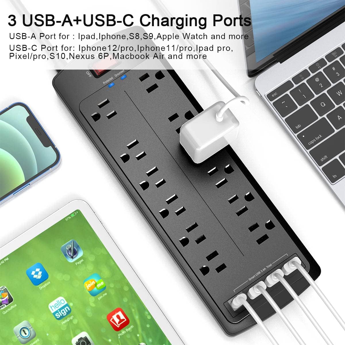 Detalle de Nuetsa PS951B Surge Protector Power Strip, 12 Outlets, 4 USB Ports