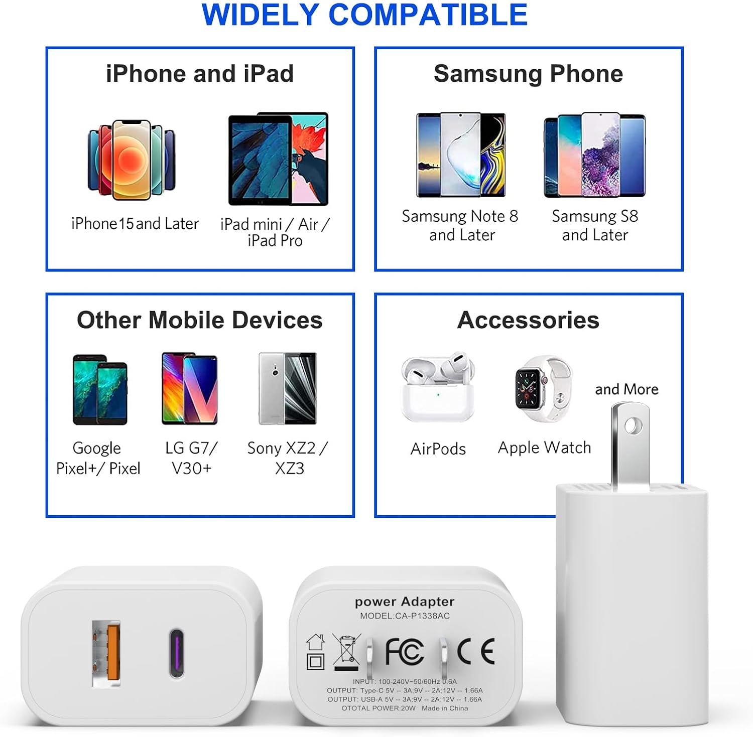 Detalle de iGENJUN 20W Dual-Port USB-C + USB-A iPhone Charger Block (3-Pack) — QC + PD 3.0, White