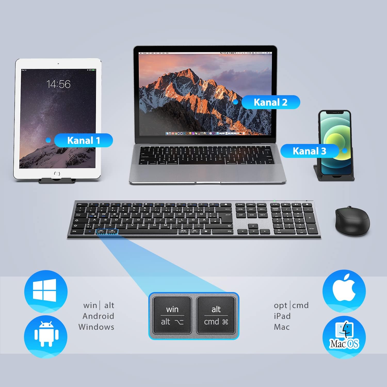 Detalle de iClever Bluetooth Tastatur mit Maus (Dualmodus, 3 Geräte) – wiederaufladbar, USB & Bluetooth, QWERTZ (Grau)