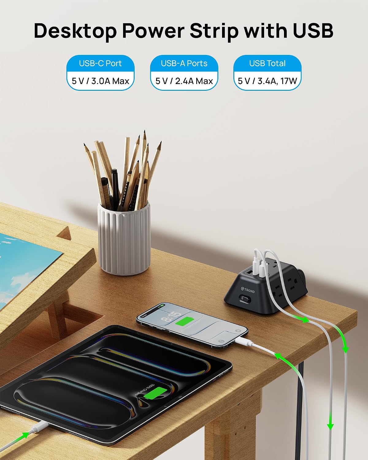 Detalle de TROND TD-PS-US16C Desk Clamp Power Bar with 5 AC Outlets and 3 USB Ports