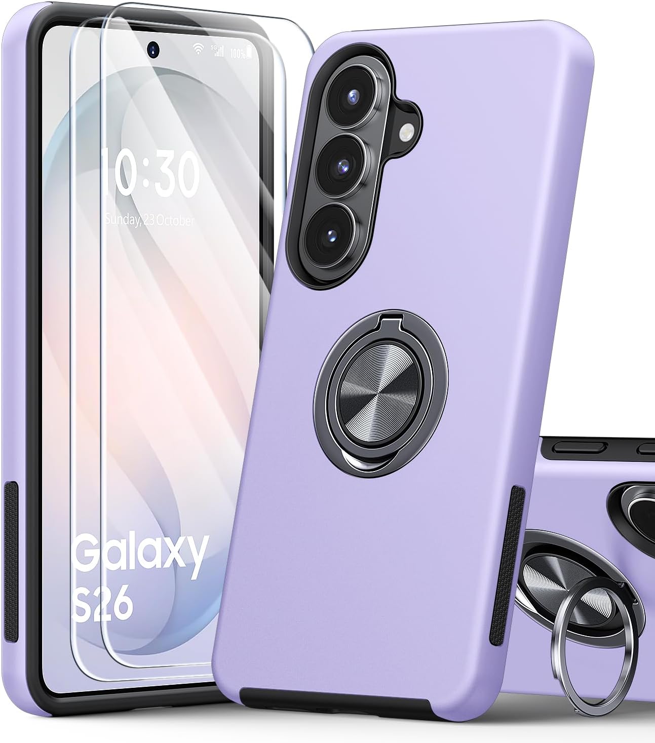 Detalle de AOUIA Samsung Galaxy S26 Case with 2-Pack Screen Protectors — 3-in-1 Set with 360° Ring Stand