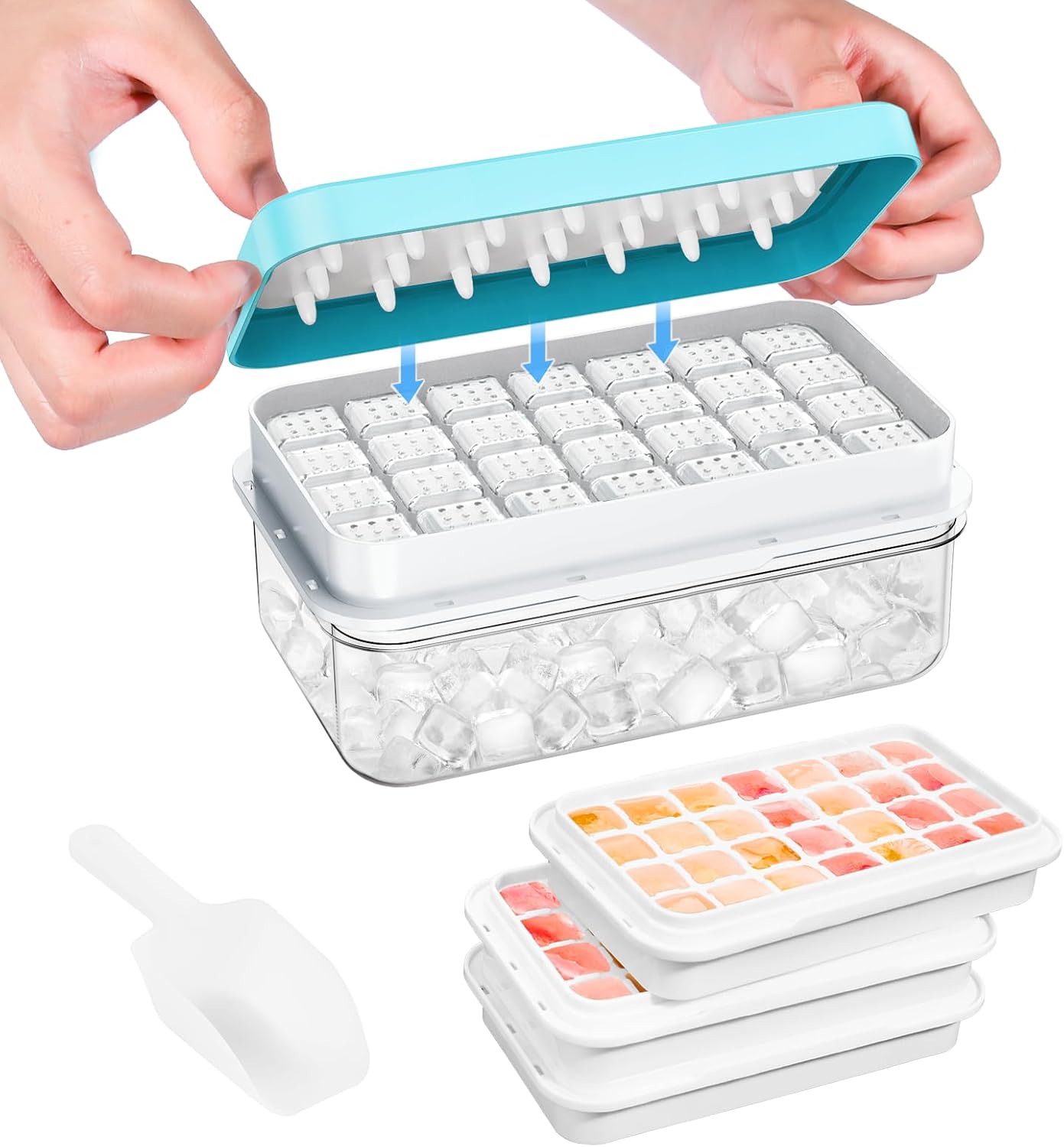 Detalle de PHINOX 28ICEBLU3 Ice Cube Tray Set, 84 Mini Cubes with Lid and Bin