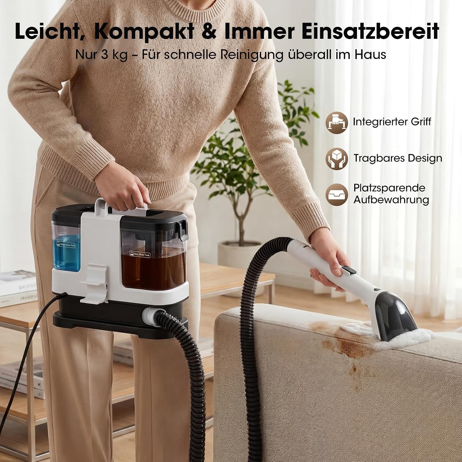 Detalle 2 de Lubluelu Nasssauger Polsterreiniger 600 W – kompakter Tiefenreiniger für Teppiche, Polster & Auto