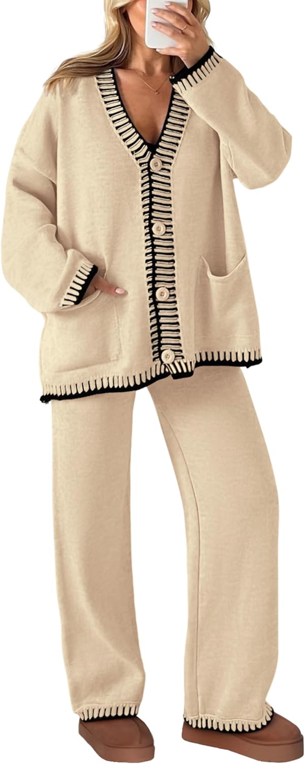 Detalle de PRETTYGARDEN Women’s Lounge Set (2-Piece Cardigan + Wide-Leg Pants) — color-block knit outfits