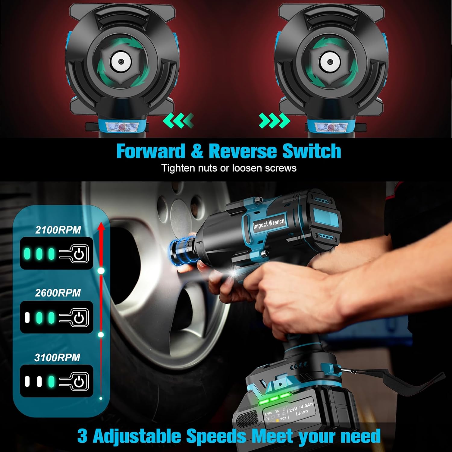 Detalle de BETENST Cordless Impact Wrench 1000N.m (1/2"), 21V Brushless Impact Driver with Battery and Sockets