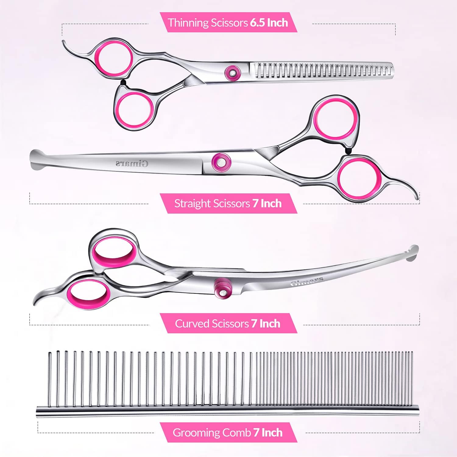Detalle 2 de Gimars Dog Grooming Scissors Kit (4CR Stainless Steel) – Safety Round Tip, 5 in 1 Thinning & Curved/Straight Shears Set