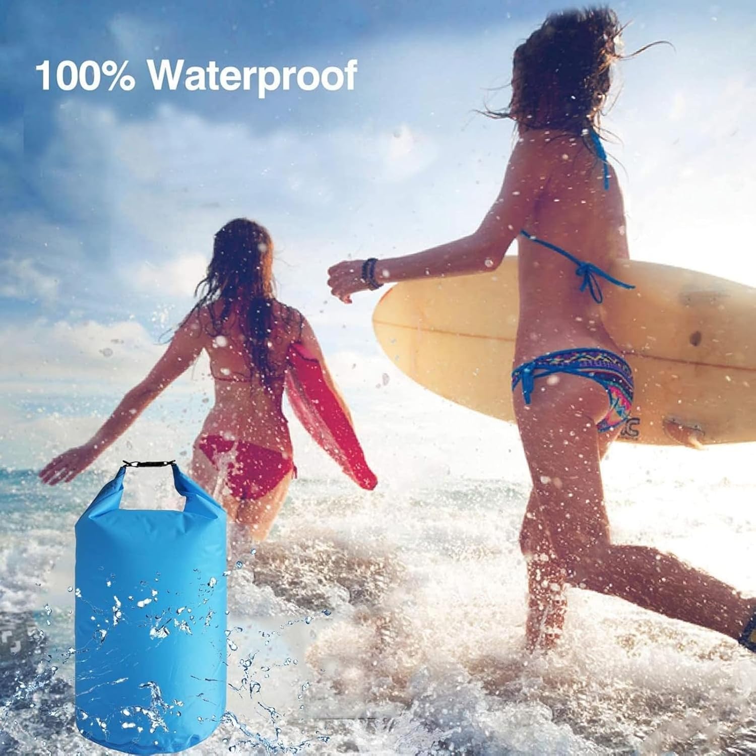 Detalle 2 de Sac étanche 10L/20L/40L/70L/90L en polyester 210T, fermeture enroulée — jaune (pour kayak, plage, randonnée)