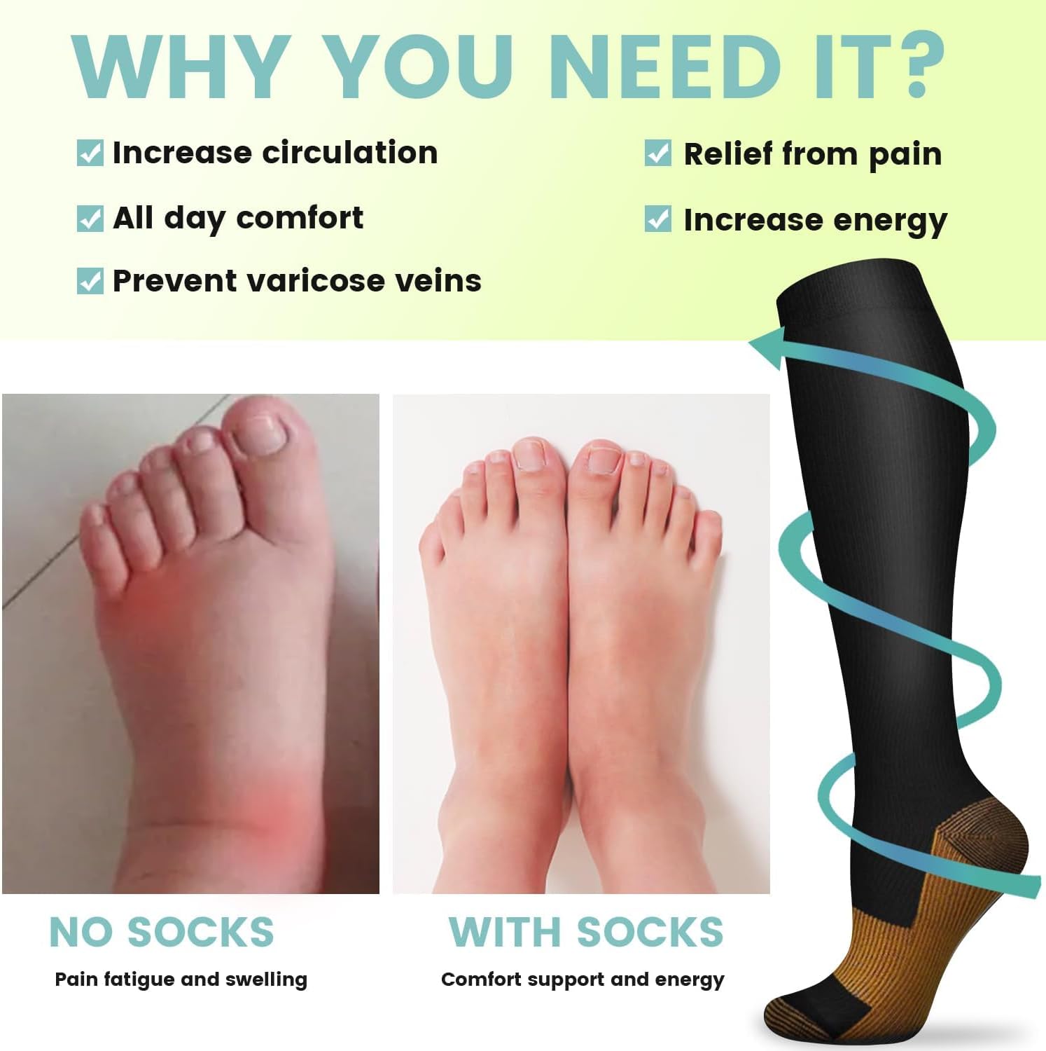 Detalle 2 de Diu Life Copper Compression Socks, 15–20 mmHg, Knee-High, 8 Pairs