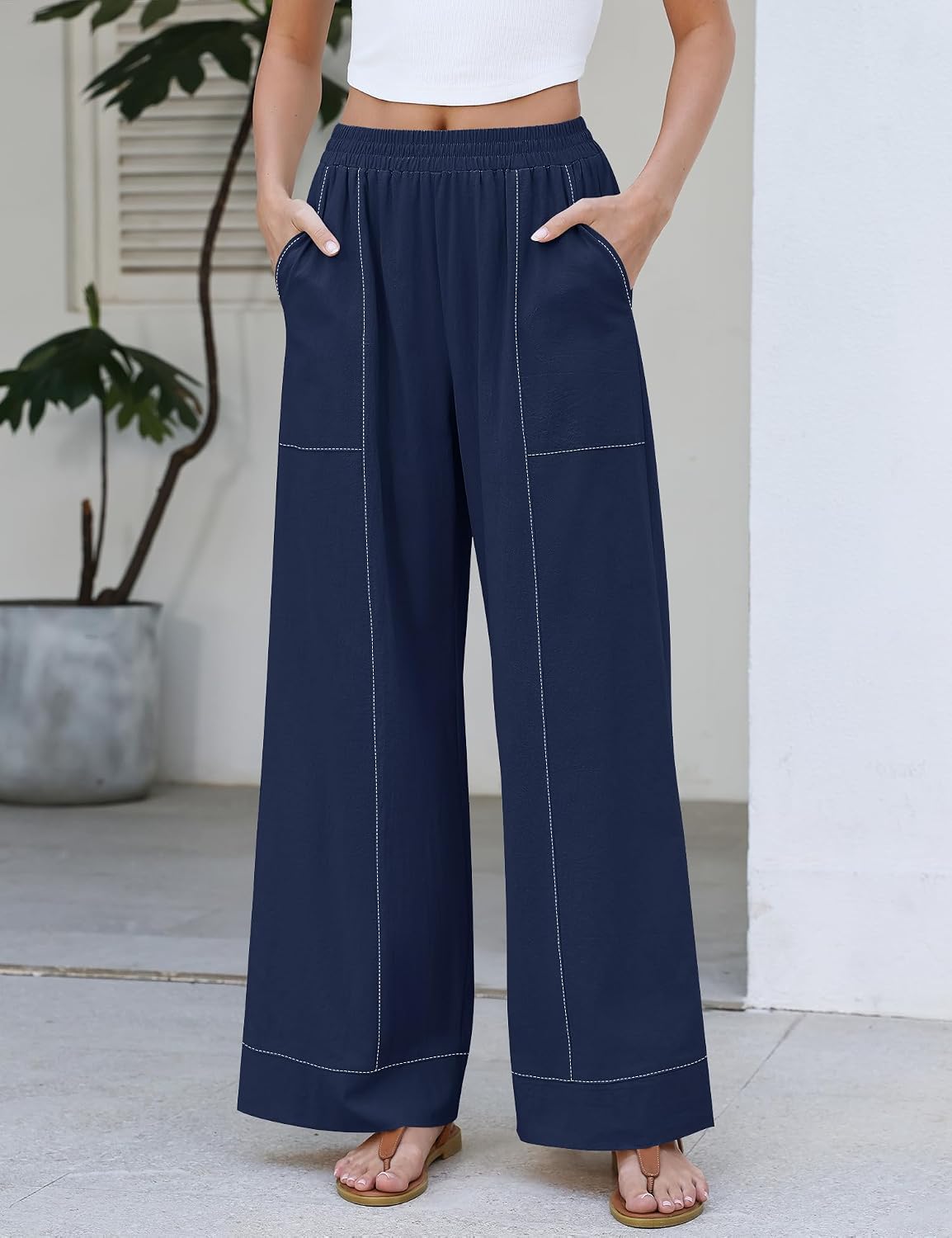 Thumbnail 1 de Rapbin Women's Elastic Waist Palazzo Pants: Casual Wide-Leg Lounge Trousers with Pockets