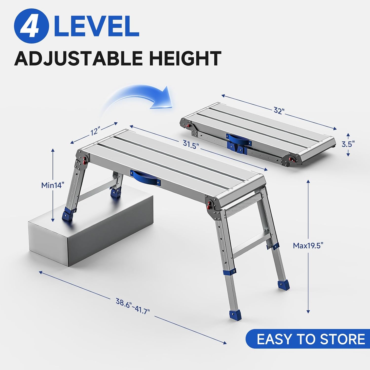 Detalle de Loyoda LSS005 Folding Work Platform, Adjustable Aluminum Step Stool, 800 lb Capacity