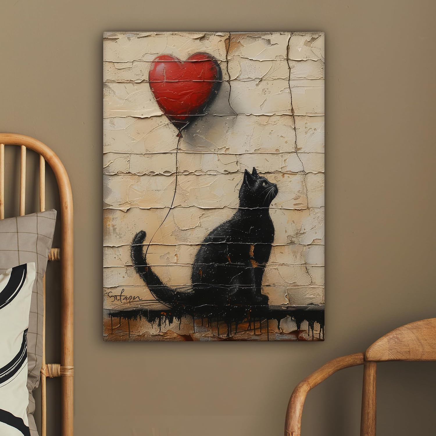 Thumbnail 2 de MuchoWow Impression sur Toile Photo Peinture 60x80 cm – Chat, Ballon et Graffiti (Banksy) – Décoration Murale
