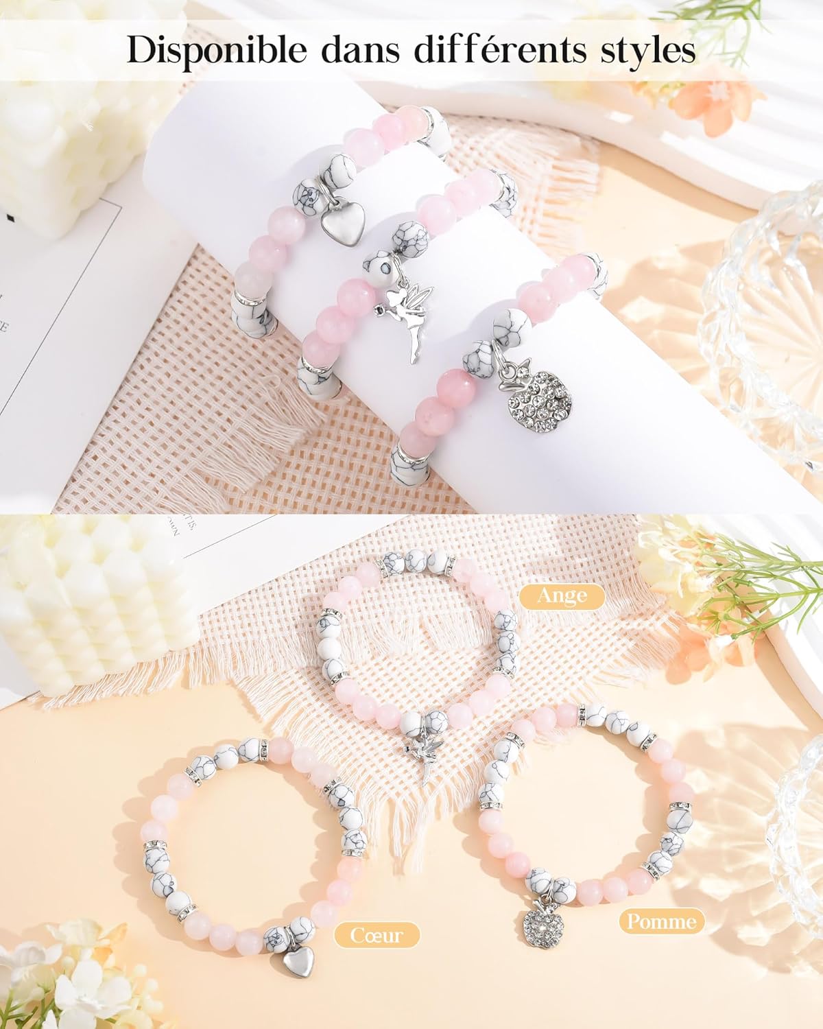 Thumbnail 5 de Seyaa Idee Cadeau Femme, Bracelet Pierre Naturelle avec Pendentif Cœur - Howlite Blanche, Ajustable 19 cm