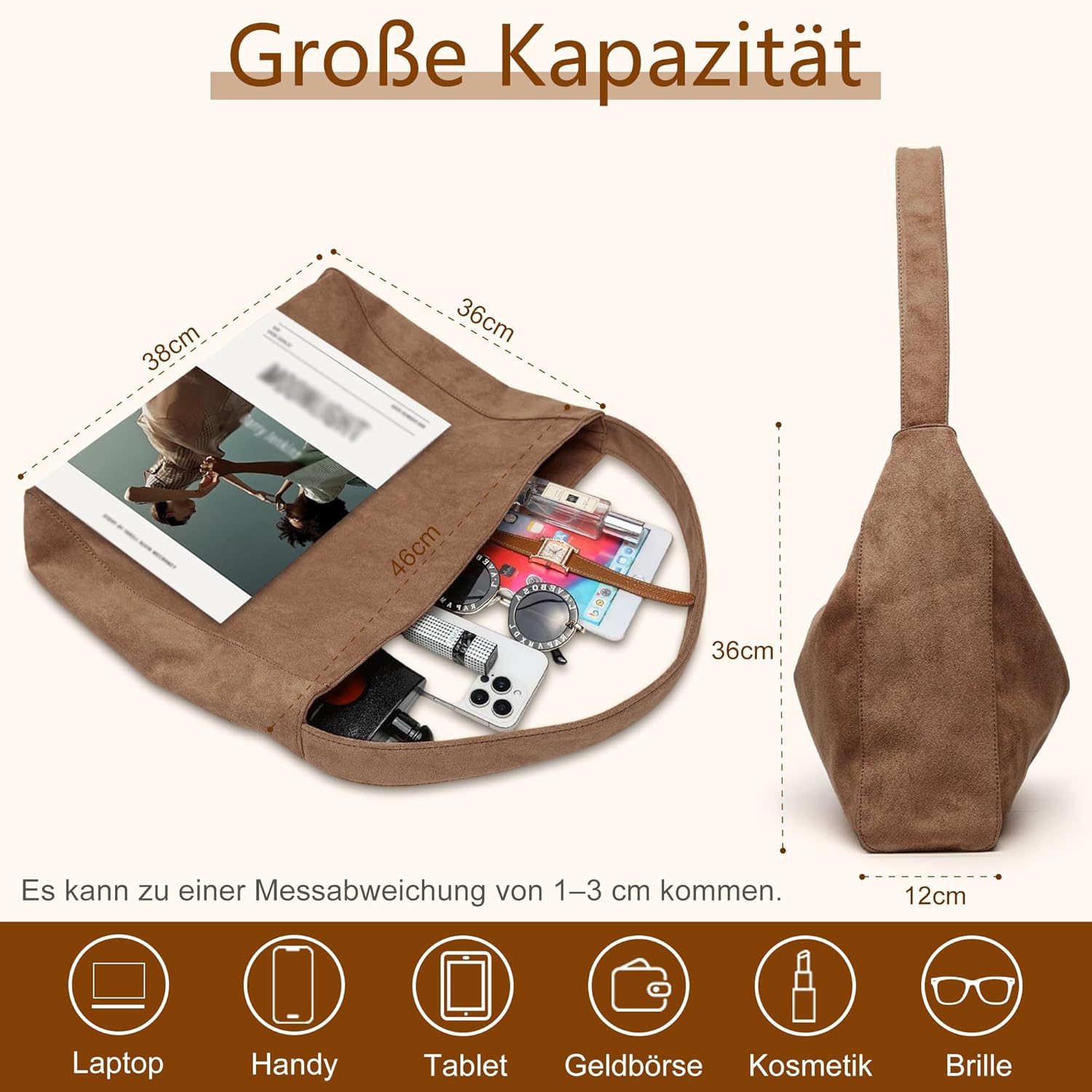 Thumbnail 2 de Gluckstar große Handtasche Damen – Shopper aus Kunstwildleder mit Reißverschluss und Schulterriemen