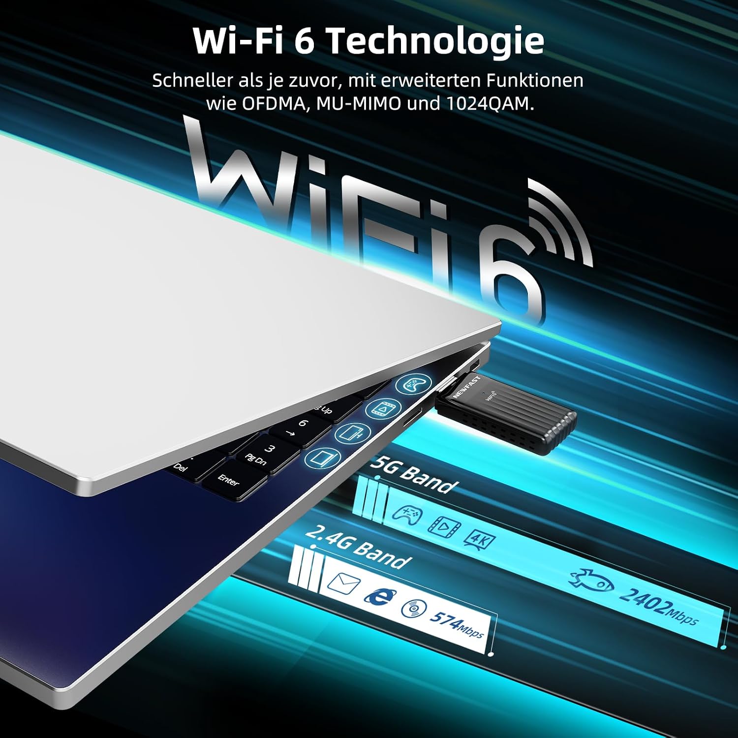 Detalle de NEWFAST USB 3.0 WLAN Stick für PC – 3000Mbps WiFi 6 Adapter, Dual‑Band, WPA3, MU‑MIMO, 5dBi Antennen, Windows 10/11