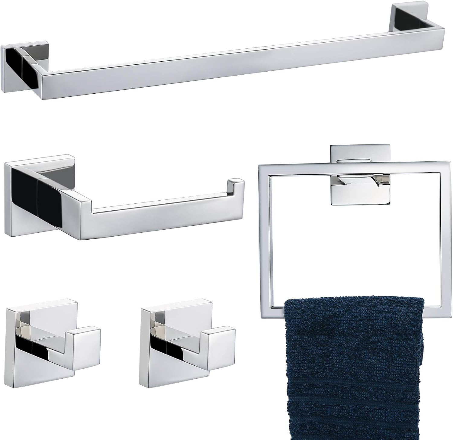 Detalle de TNOMS Q7P5 5-Piece Bathroom Hardware Set, Polished Chrome Stainless Steel