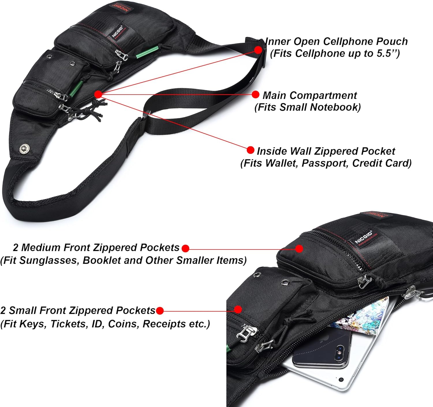 Thumbnail 2 de Nicgid Sling Bag Chest Shoulder Backpack Fanny Pack Crossbody – Versatile Nylon Pack for Everyday Use