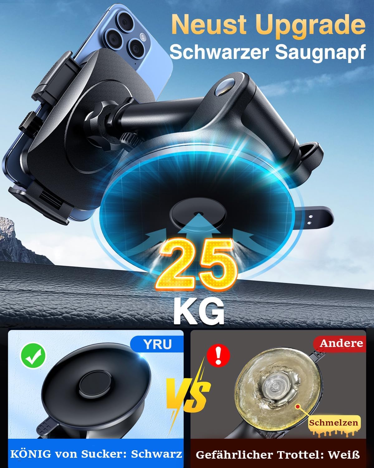 Thumbnail 4 de YRU [2026 Militär-Klasse] Auto-Handyhalterung – Starker Saugnapf & Clip, universal für Fahrzeuge