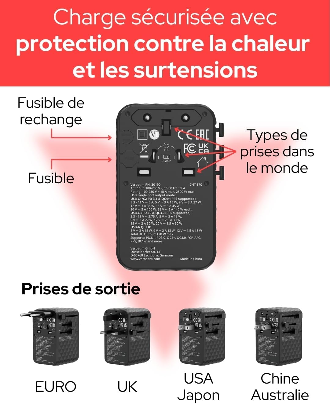 Thumbnail 2 de Verbatim Adaptateur de voyage GaN 170W 6-en-1 universel avec 3 USB-C, 1 USB-A et 2 prises USA/JP