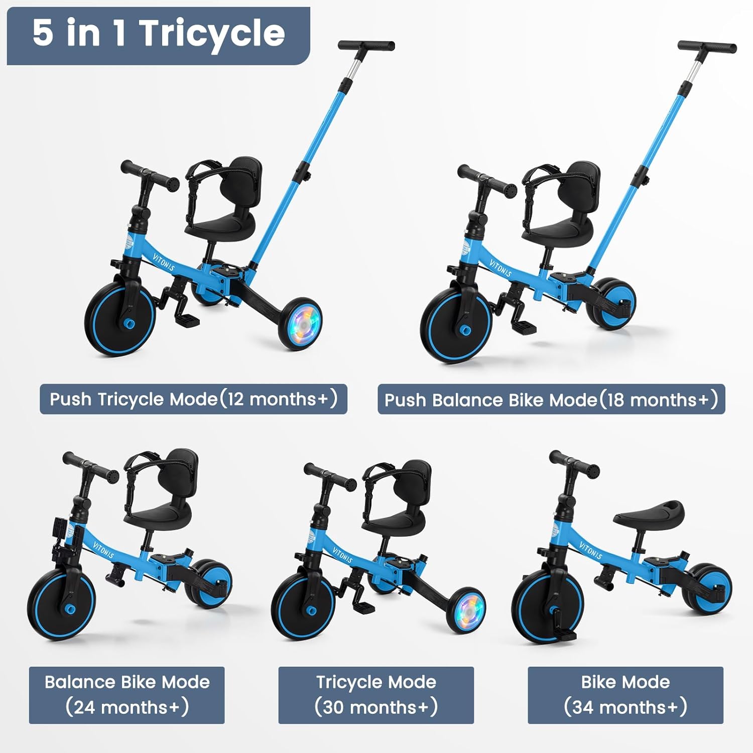 Thumbnail 2 de VITONIS Triciclo 5 in 1 per bambini 18 mesi-5 anni blu con ruote lampeggianti