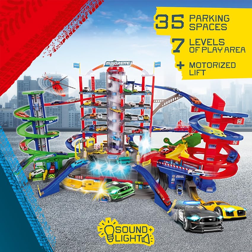 Detalle 2 de Majorette Garaje Super City 7 Plantas con 6 coches y tren motorizado para niños 128 x 78 x 73 cm