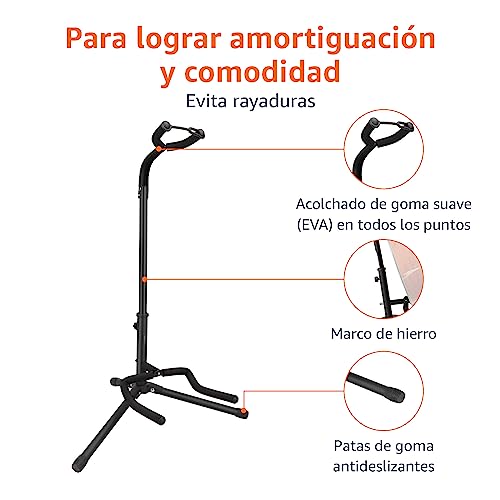 Detalle de Amazon Basics Soporte Portátil Plegable para Guitarra con Trípode Ligero, Acolchado Antideslizante y Altura Ajustable (Negro)