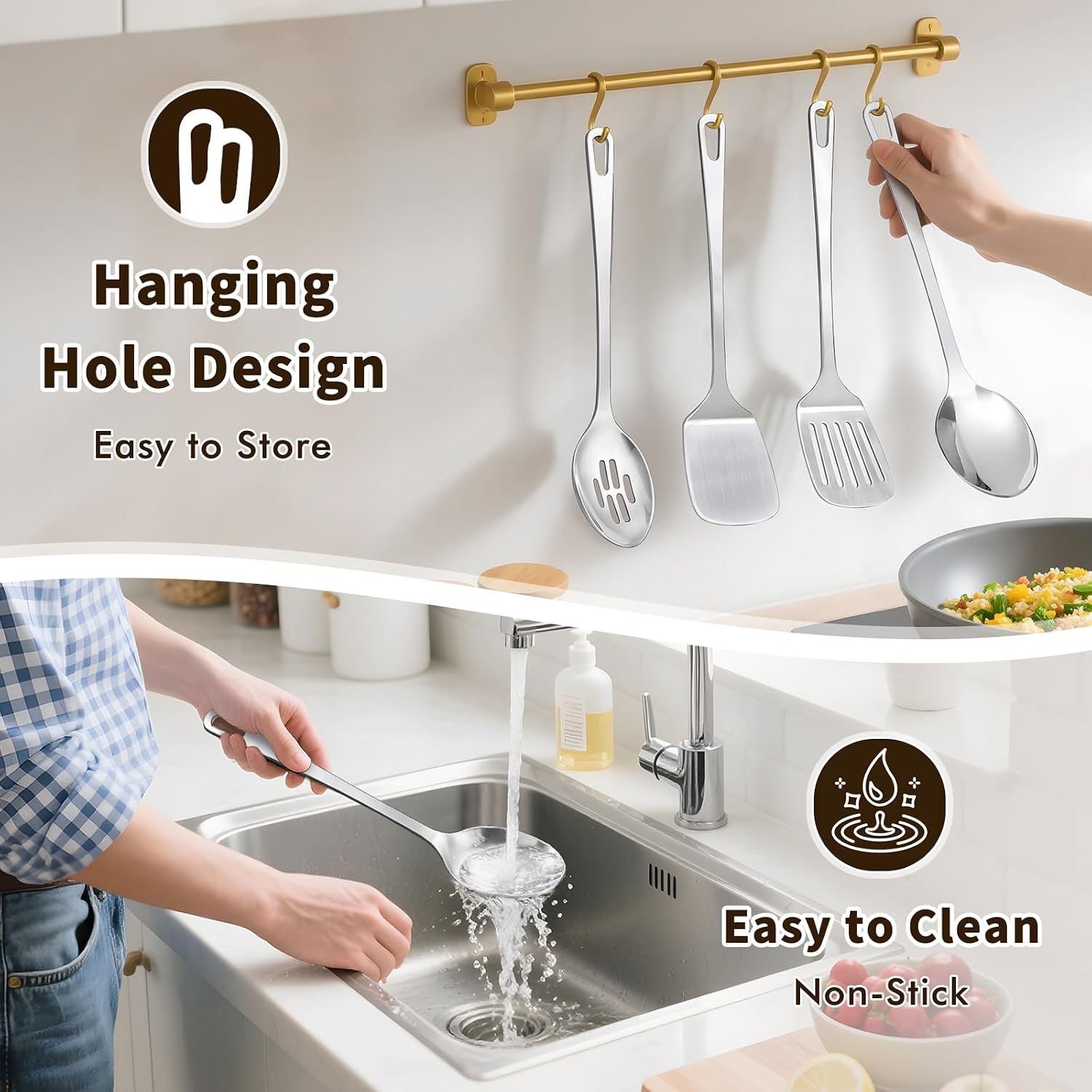 Thumbnail 5 de 4-Piece Stainless Steel Cooking Utensils Set (Solid & Slotted Turner, Wok Spatula, Serving Spoon)
