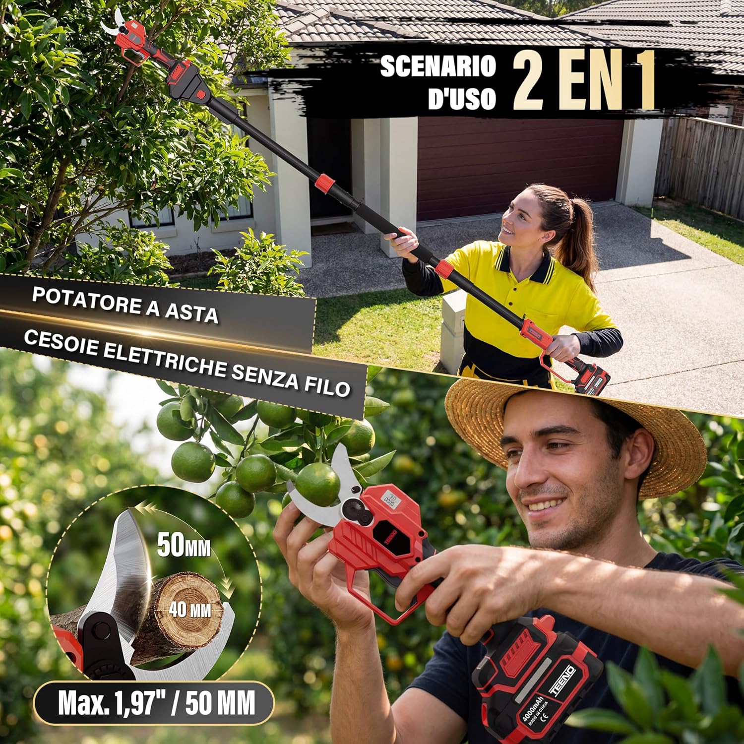 Thumbnail 5 de TEENO Forbici da potatura a batteria 2-in-1 con asta telescopica 3 m, 50 mm e motore brushless