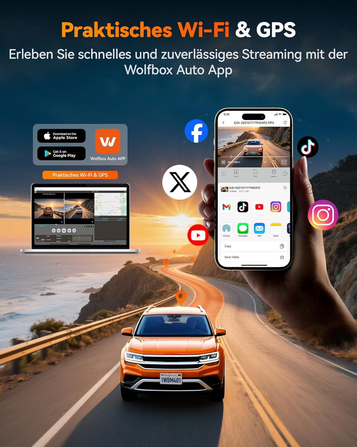 Thumbnail 4 de WOLFBOX M40 10" Rückfahrkamera-Spiegel mit 4K-Vorderkamera, 1080P-Rückkamera, ADAS/BSD, Sprachsteuerung, Wi‑Fi & GPS