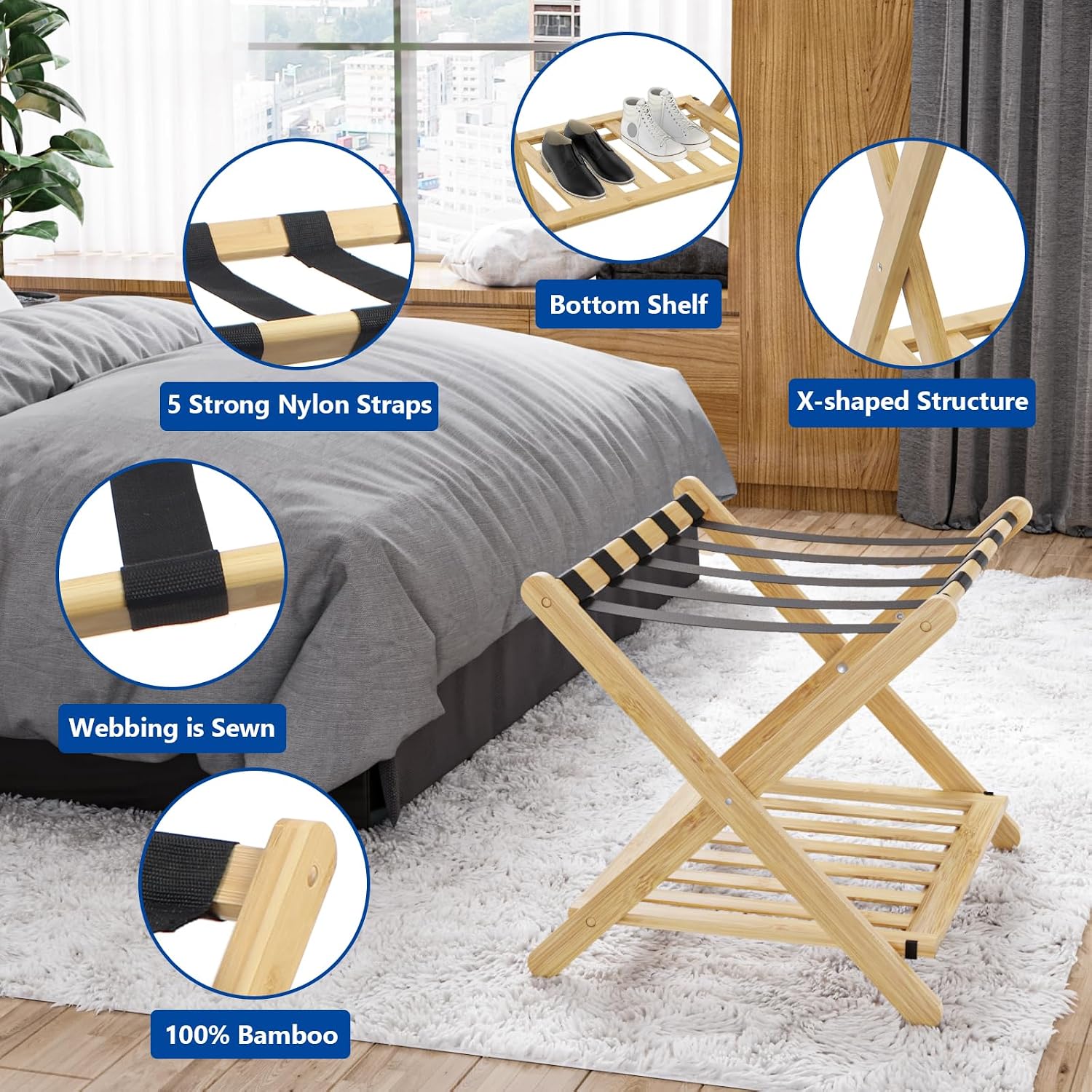 Detalle de Smuxee Fully Assembled Bamboo Foldable Luggage Rack with Shelf & 5 Nylon Straps