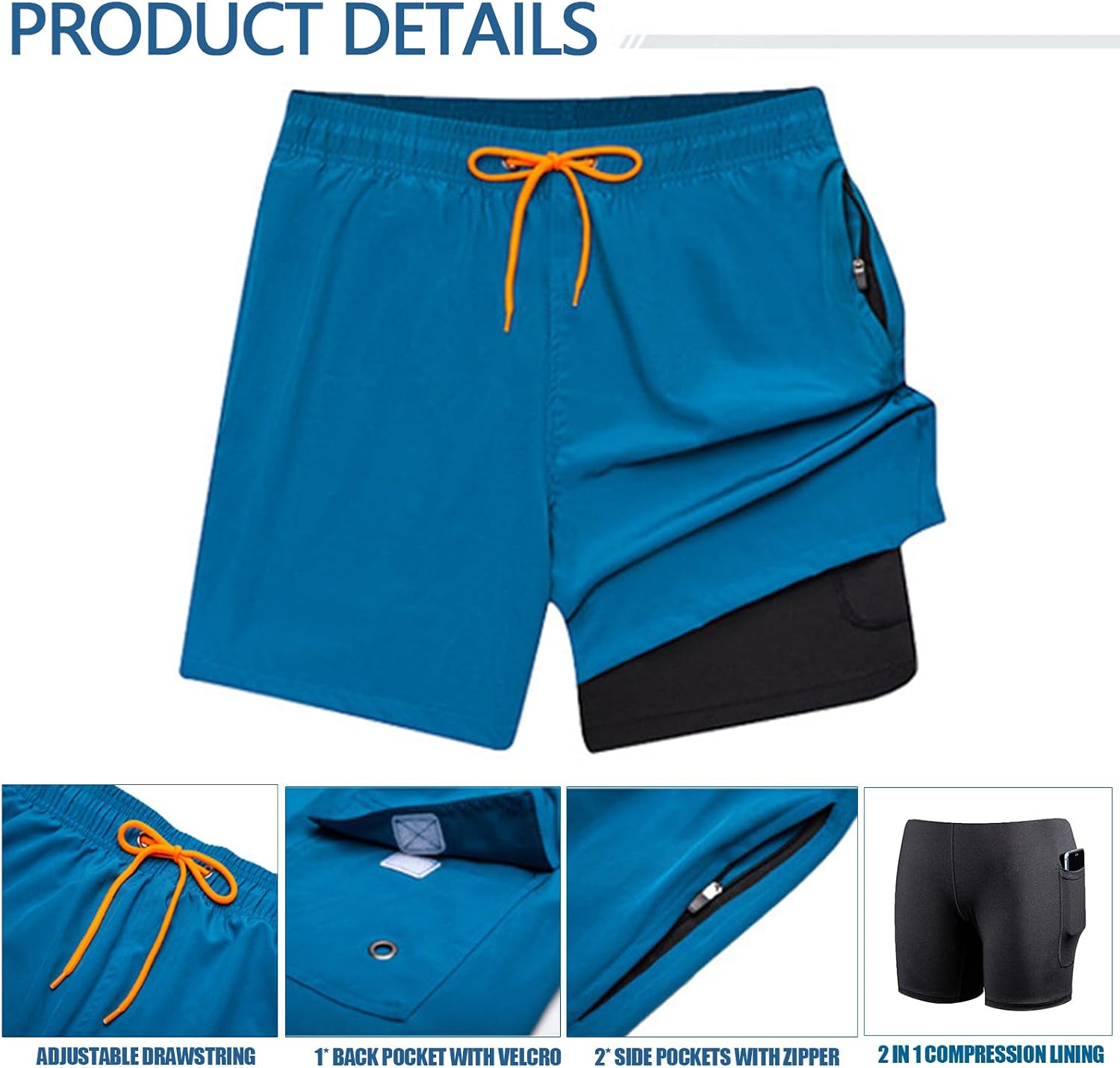 Thumbnail 2 de SEDEX 2-in-1 Mens Swimming Shorts with Zipper Pockets and Quick Dry Liner