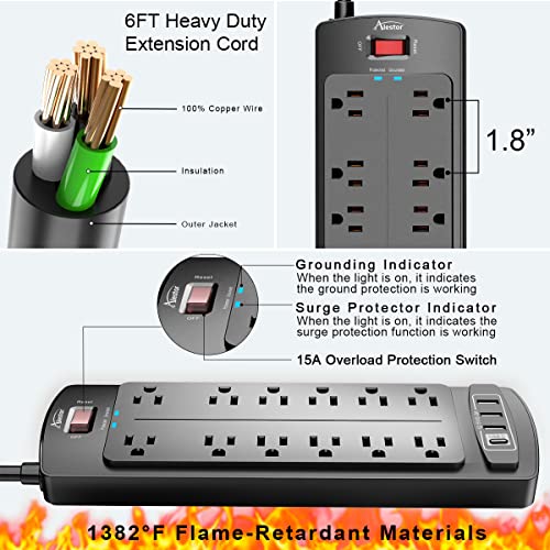 Detalle de ALestor 6 Ft Surge Protector Power Strip with 12 Outlets and 4 USB Ports