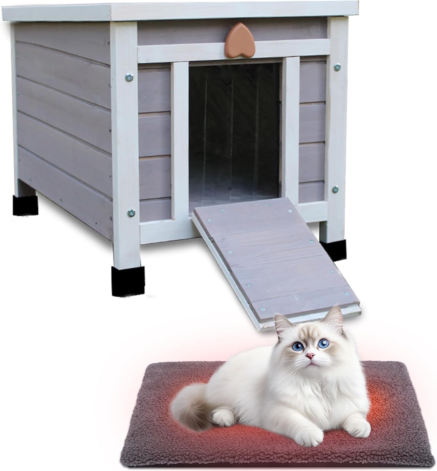 Detalle de Outdoor-Katzenhaus aus Tannenholz mit Selbstwärmematte, wetterfestes Wildkatzenhaus (42 x 51 x 43 cm, Grau)