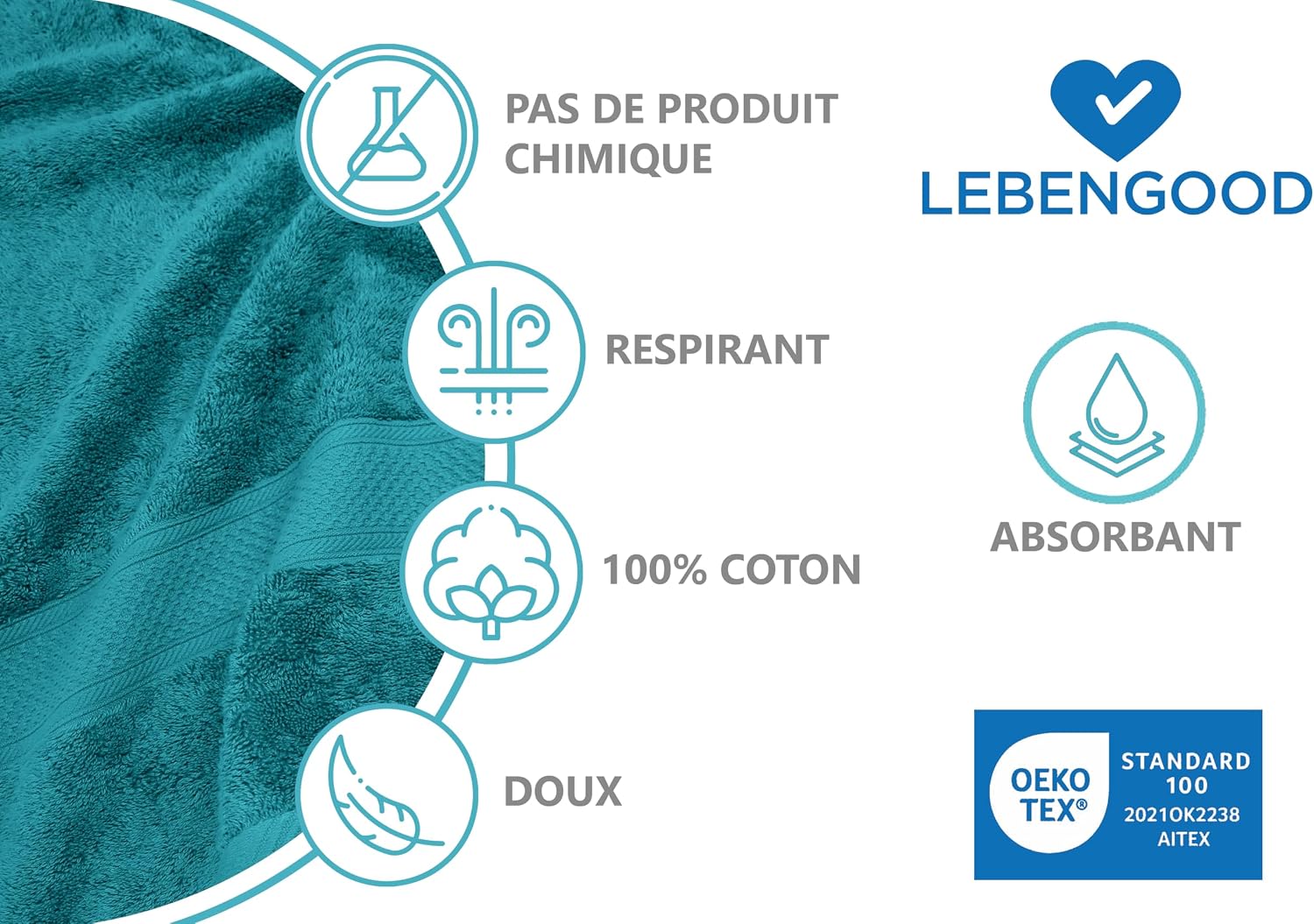Detalle de LEBENGOOD Lot de 4 serviettes 90x170