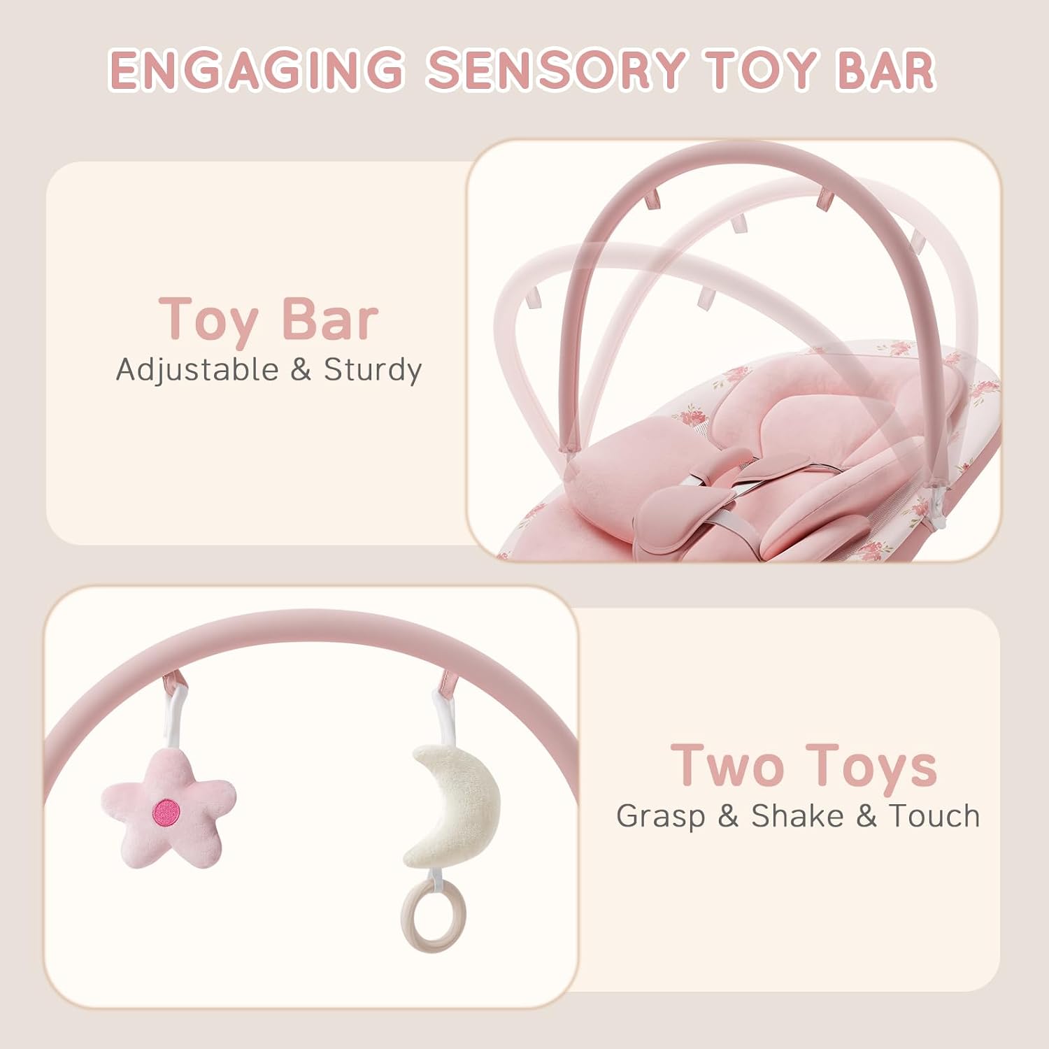 Detalle de MOMZELVI Electric Baby Swing for Infants, 5 Speeds, Bluetooth, Pink Seat Pad