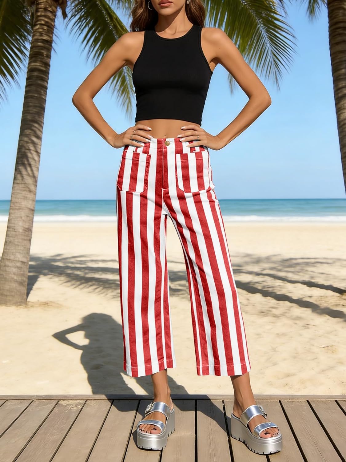 Thumbnail 2 de Tankaneo Women's Cropped Striped Jeans: High-Waisted, Stretchy Denim with Pockets