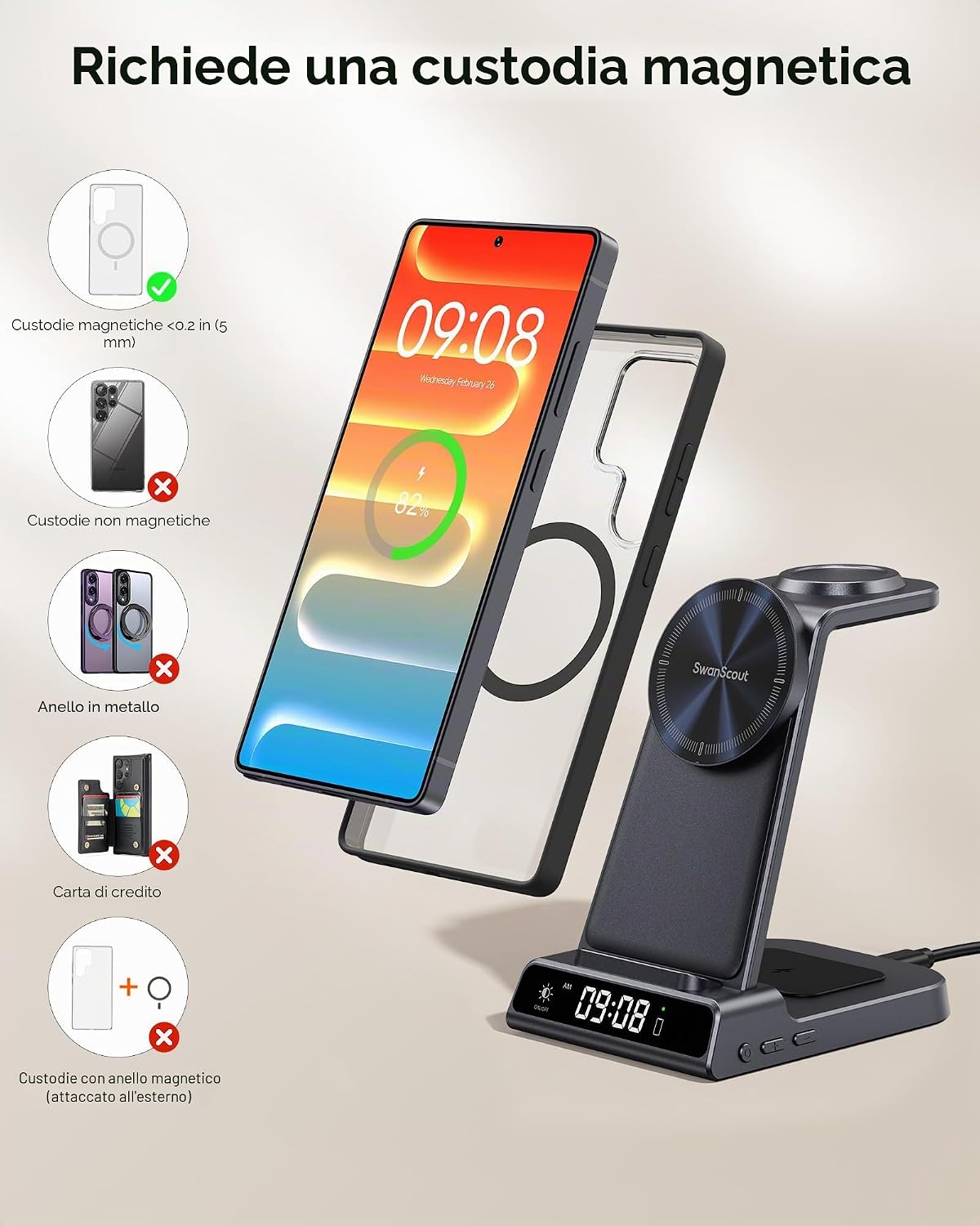 Detalle de Caricatore magnetico 3 in 1 SwanScout C01SM per Galaxy S26 Ultra, Watch e Buds 3 Pro/3