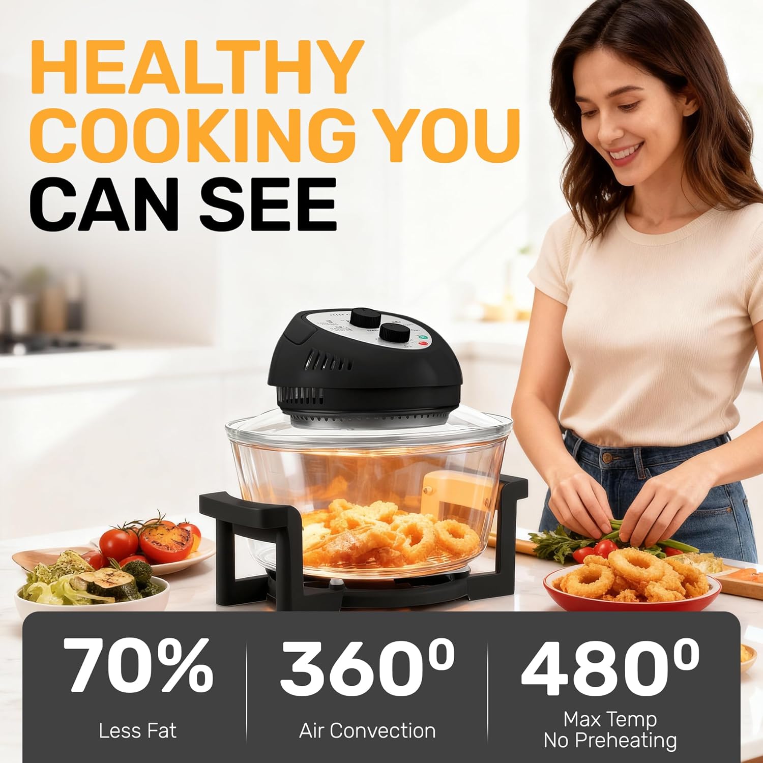 Thumbnail 1 de Granitestone 16Qt Large Glass Air Fryer: Family-Sized, Non-Toxic, 3-Section Cooker