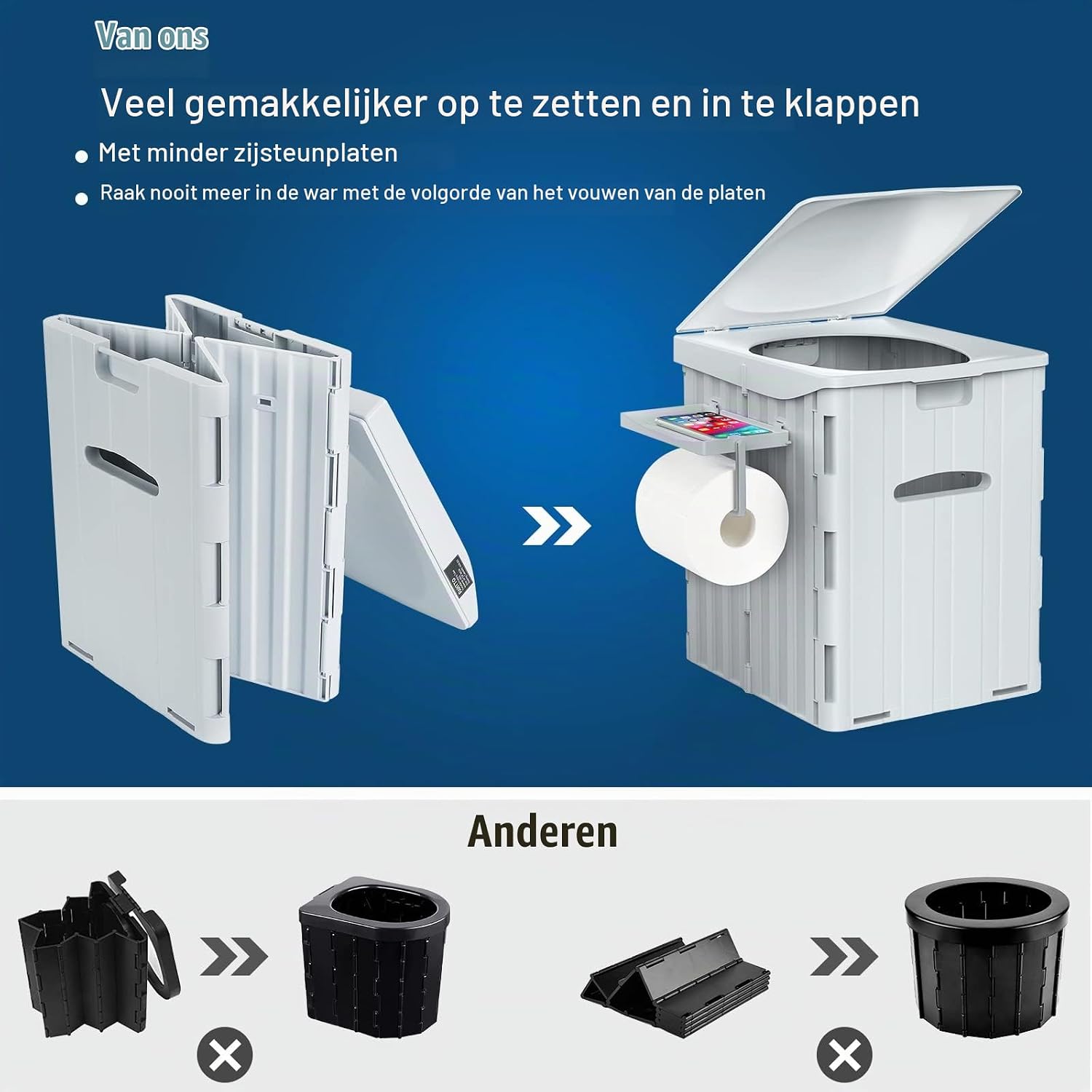Detalle 2 de WADEO OD0558-P XXXL draagbaar toilet met deksel, telefoon- en toiletrolhouder