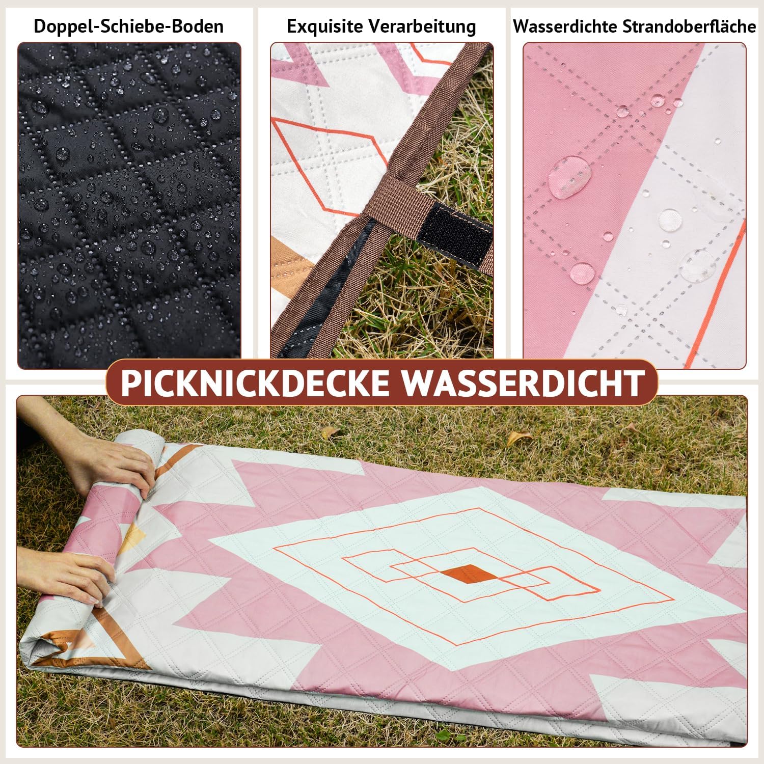 Detalle de LARUTAN Outdoor Picknickdecke „Cape Town“ 200x200 cm – strandfrei, tragbar & waschbar