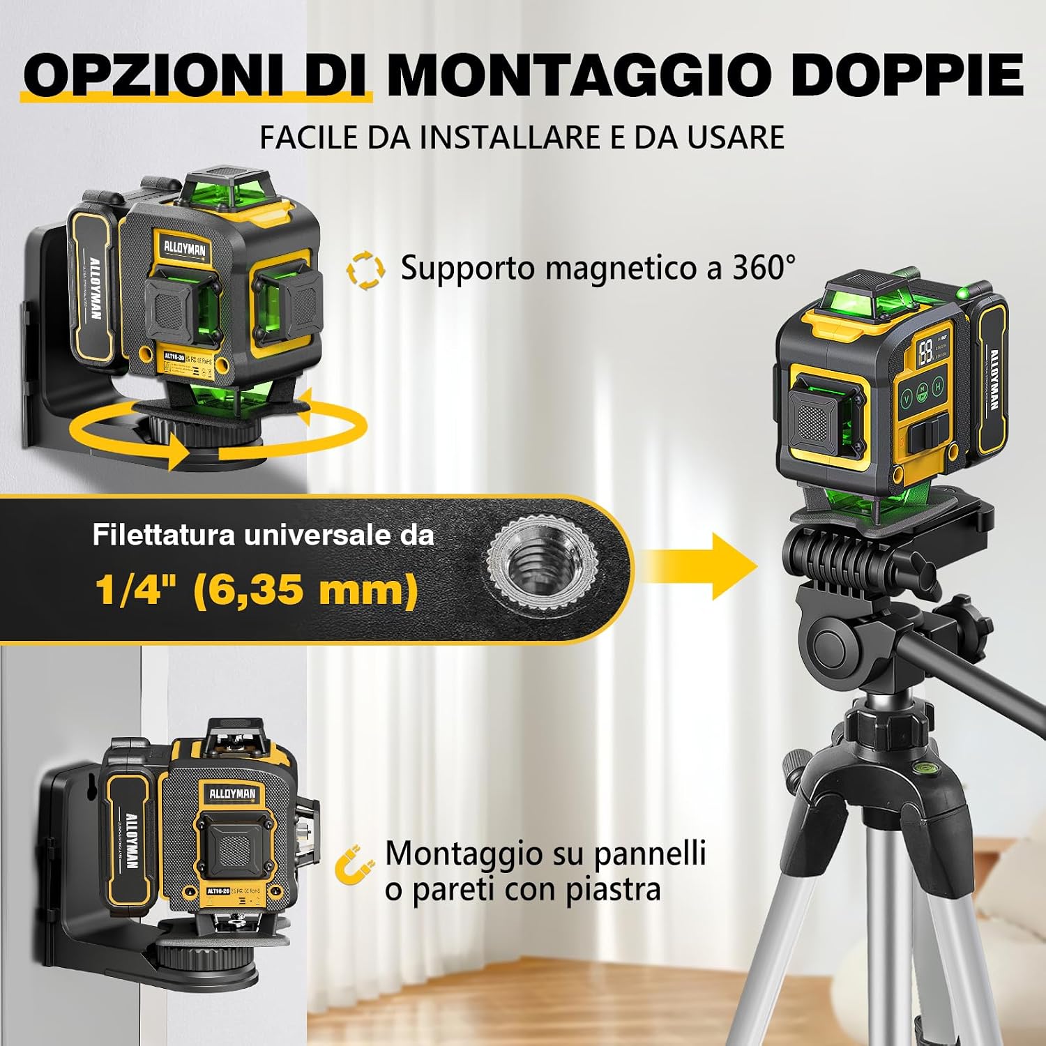 Thumbnail 4 de Alloyman Livella Laser Autolivellante 16 linee con treppiede, 4D verde (IP54) per lavori interni e fai da te