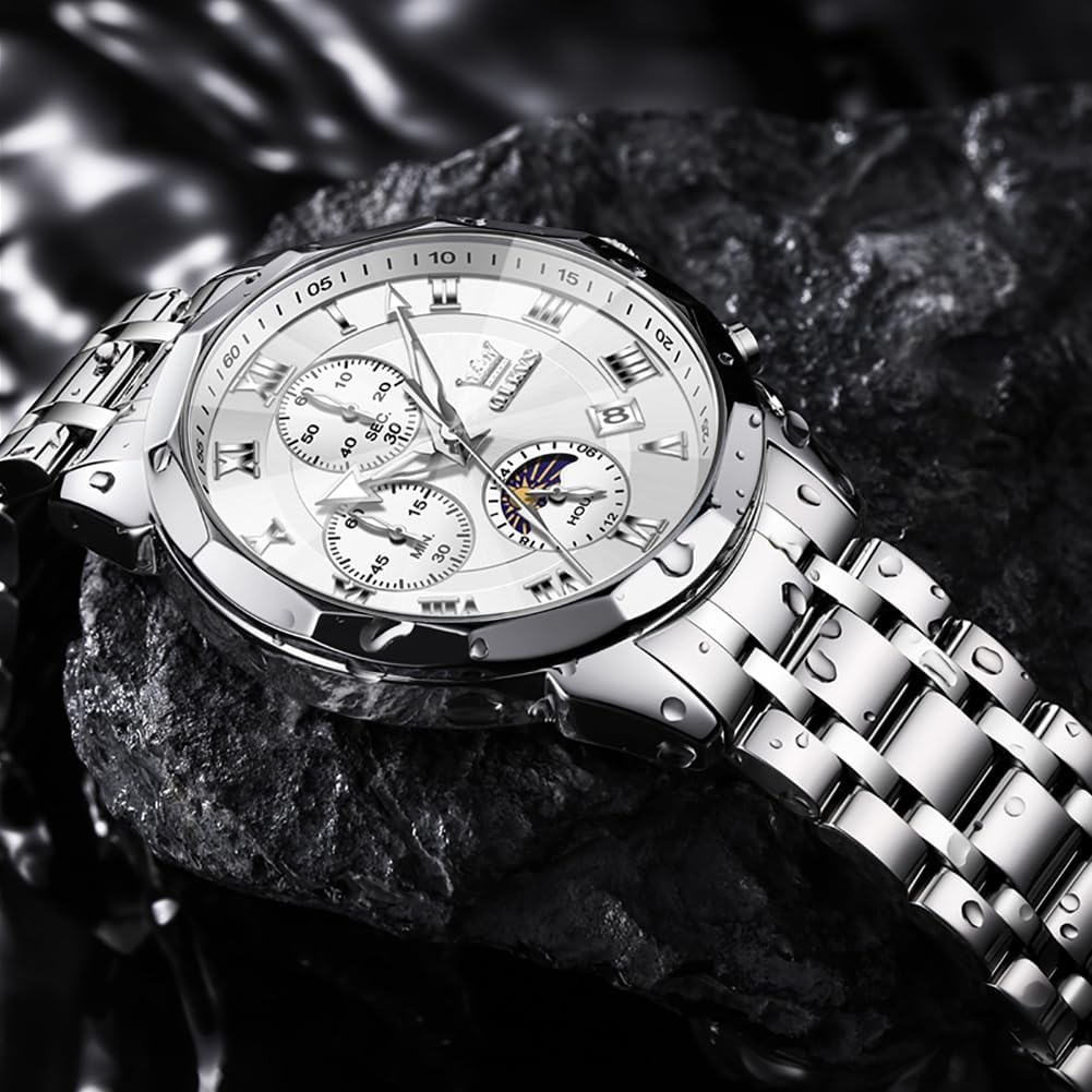 Thumbnail 2 de OLEVS Herren-Uhr Quarz Luxus Multifunktion Chronograph Mondphase Edelstahl