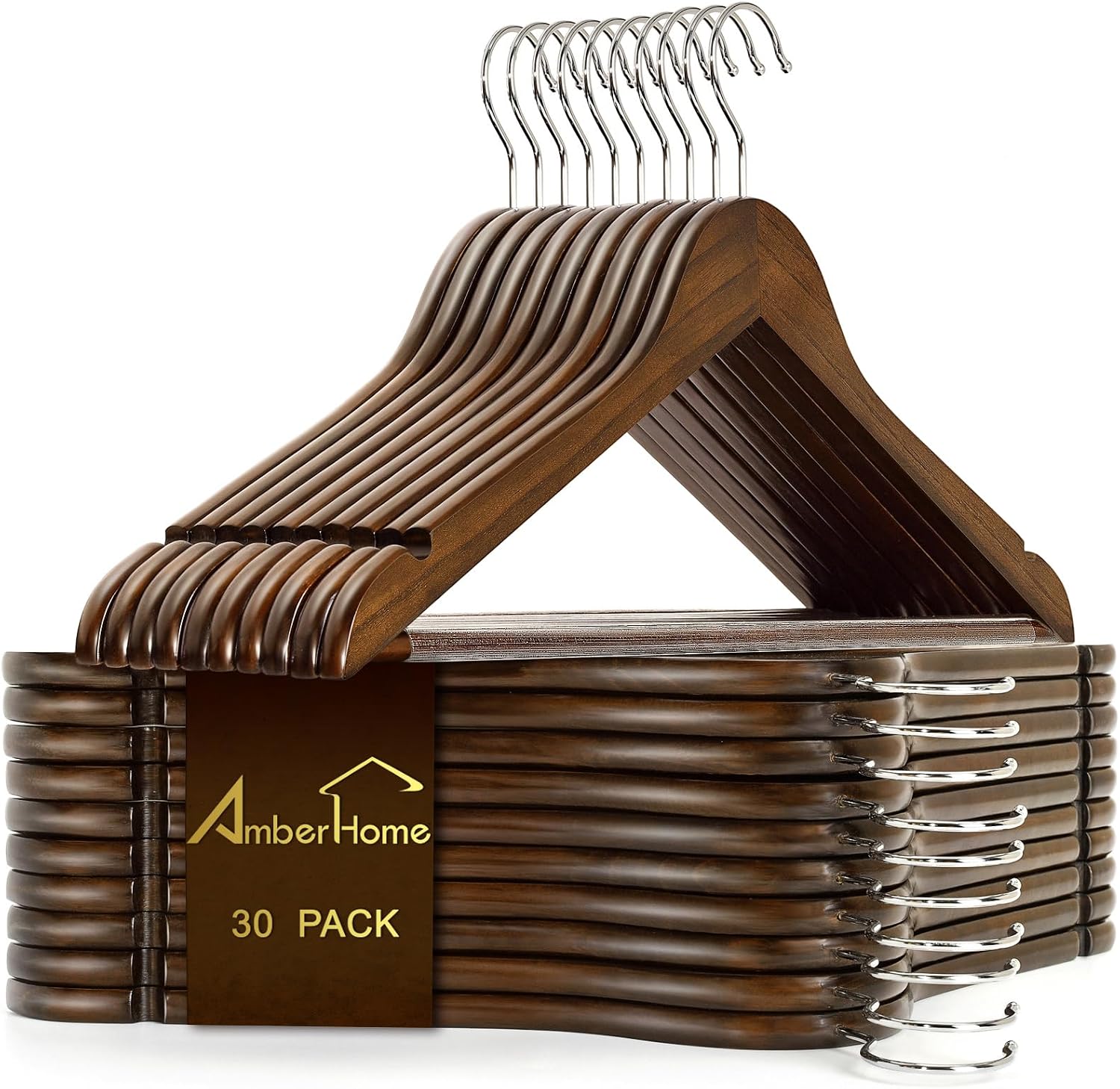 Detalle de Amber Home Retro Wooden Coat Hangers, 30-Pack with Non-Slip Pant Bar
