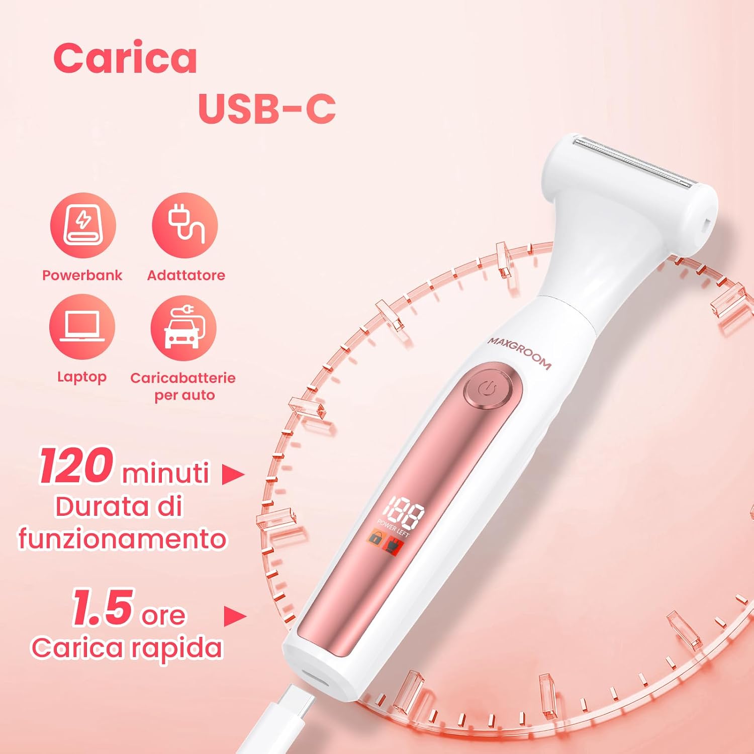 Detalle de MAXGROOM 4 In 1 Rasoio Elettrico Donna – Kit corpo e inguine con ricarica Type-C e LED display