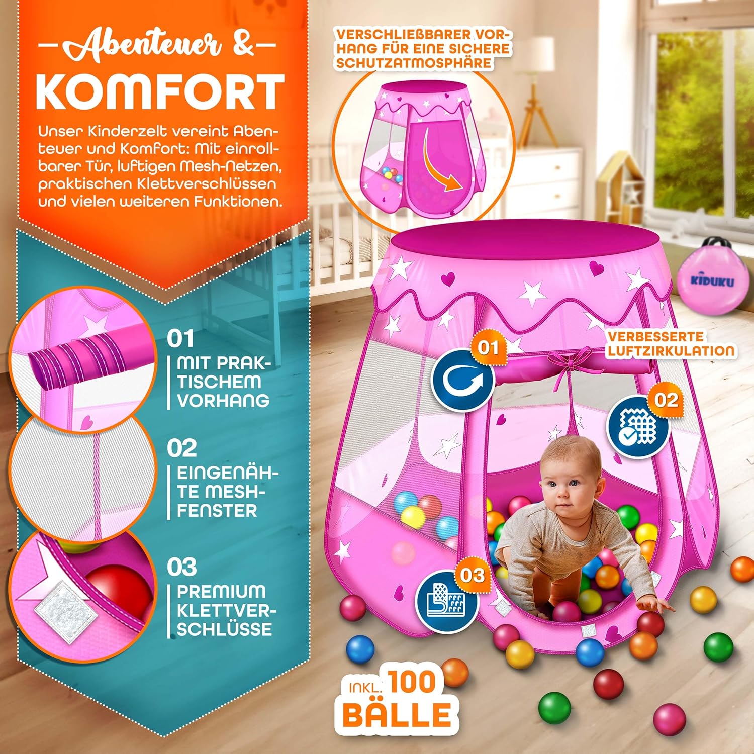 Detalle 2 de KIDUKU Tente de jeu enfant 100 balles đȘ