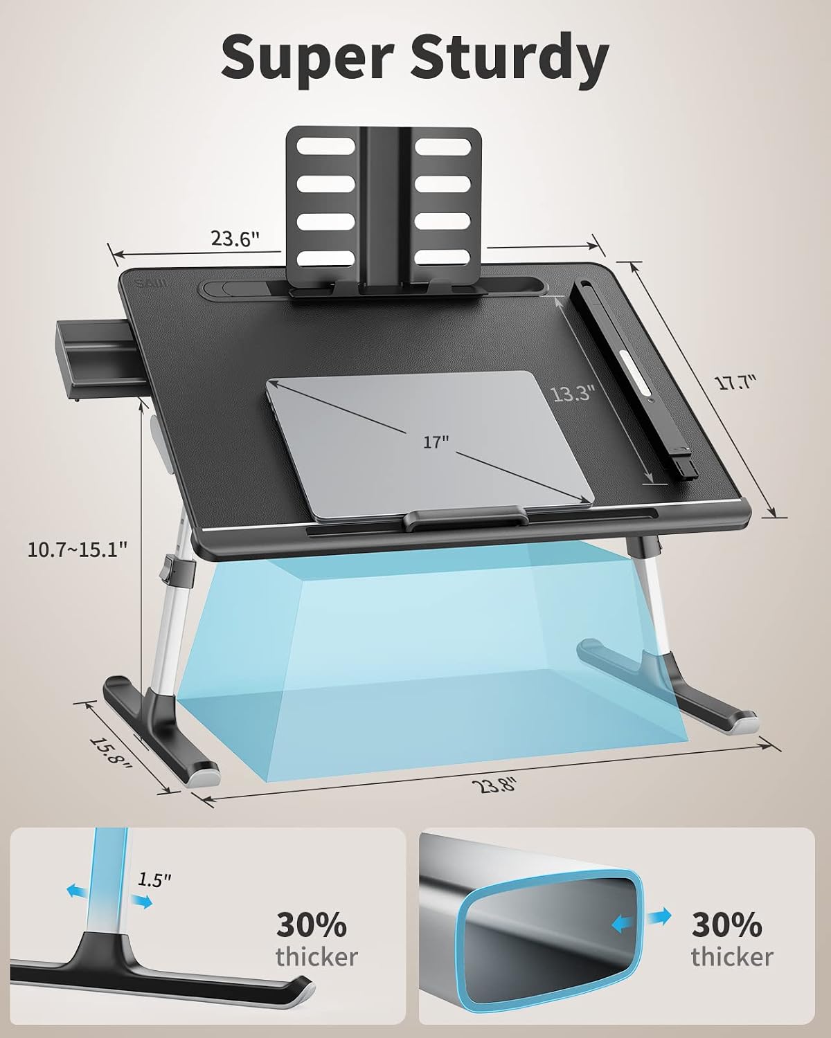 Thumbnail 6 de SAIJI Bed Desk Laptop Table (Lapdesk) with 3-Mode LED Lamp, Adjustable Height & Angles – Black, 23.6 x 17.7in