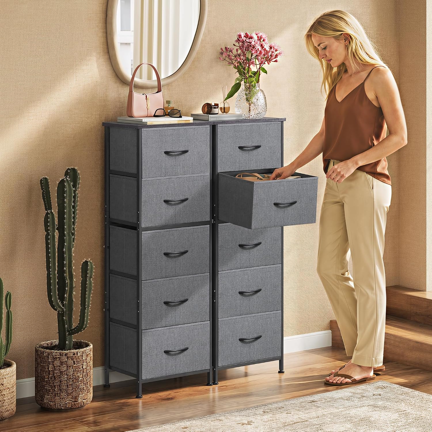 Detalle de WLIVE ASNG090HH Tall Fabric Dresser, 5 Drawers, Dark Gray